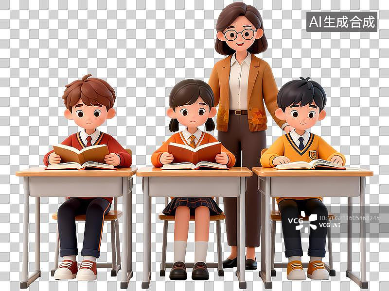 【AI数字艺术】课堂上老师指导学生阅读毛衣3D立体卡通C4D渲染插画元素图片素材