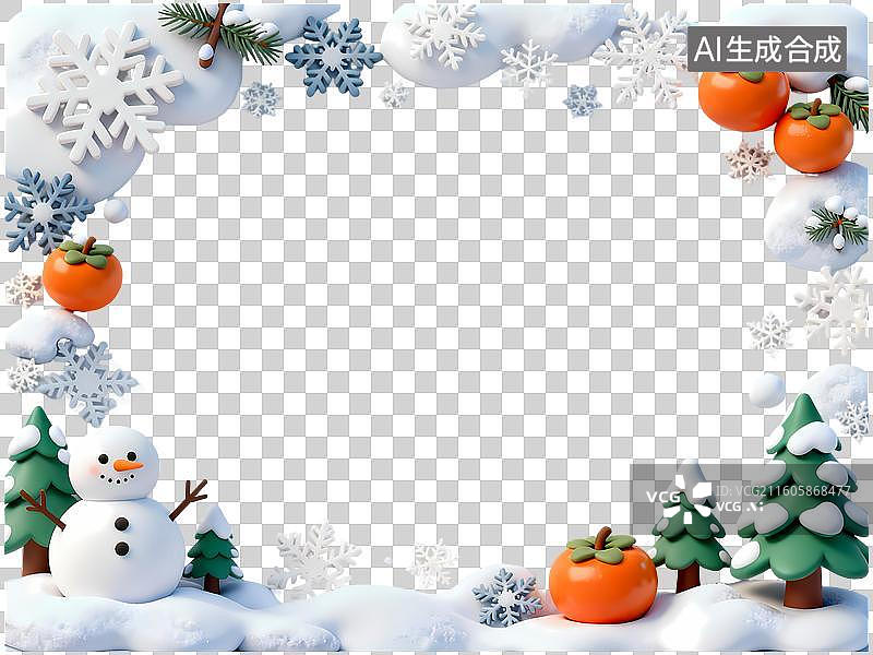 【AI数字艺术】圣诞冬季边框雪人松树柿子节气边框3D立体卡通C4D渲染插画元素图片素材