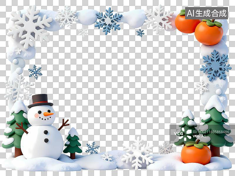 【AI数字艺术】圣诞冬季边框雪人松树柿子节气边框3D立体卡通C4D渲染插画元素图片素材