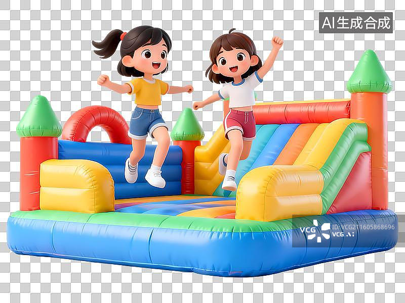 【AI数字艺术】两个女孩在充气城堡上跳跃3D立体卡通C4D渲染插画元素图片素材