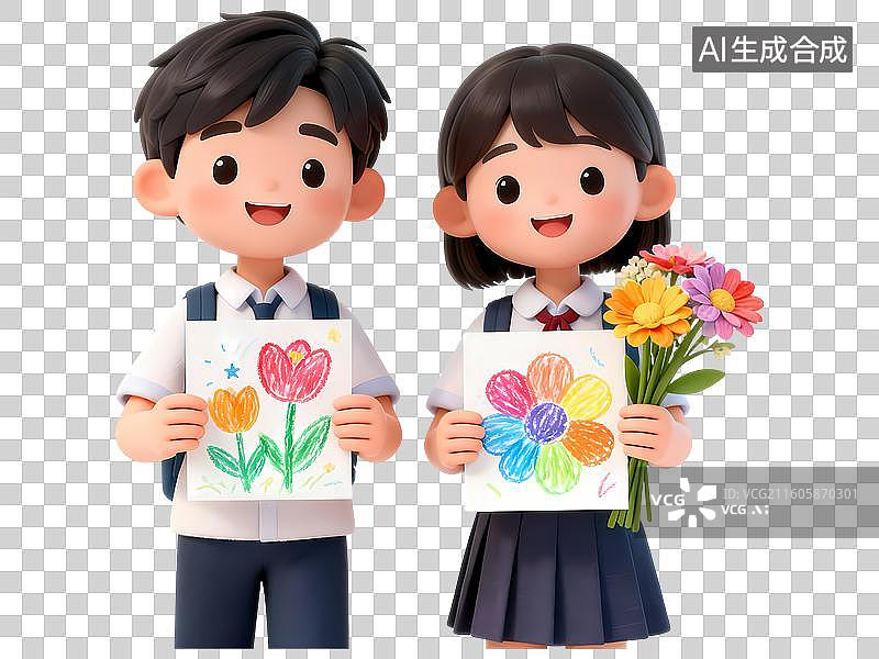 【AI数字艺术】节日庆祝小学生送上卡片和鲜花母亲节教师节父亲节国庆节3D卡通C4D渲染插画元素图片素材