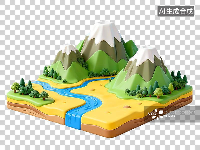 【AI数字艺术】高山流水云朵河流3D卡通C4D渲染插画元素图片素材