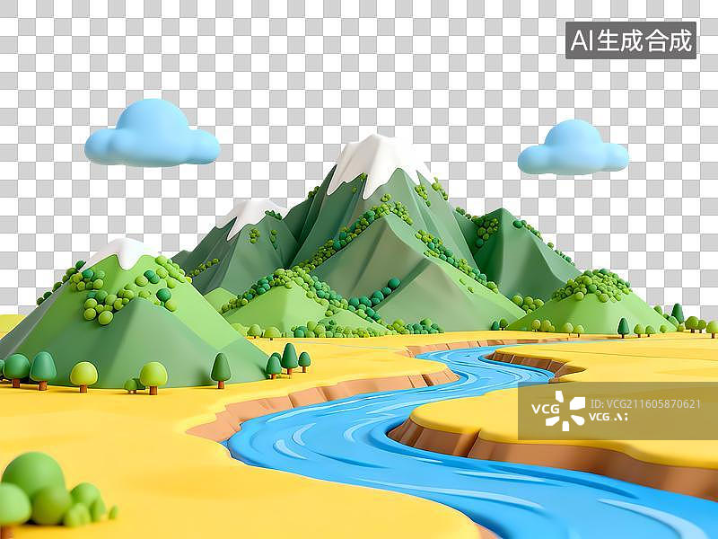 【AI数字艺术】高山流水云朵河流3D卡通C4D渲染插画元素图片素材