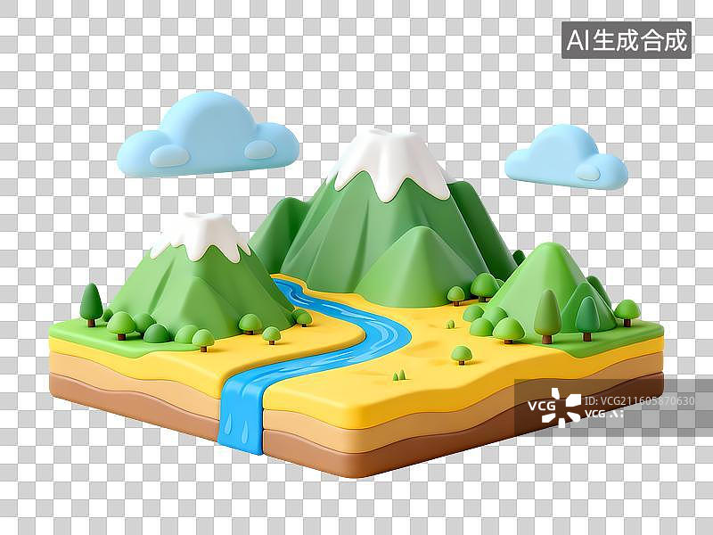 【AI数字艺术】高山流水云朵河流3D卡通C4D渲染插画元素图片素材