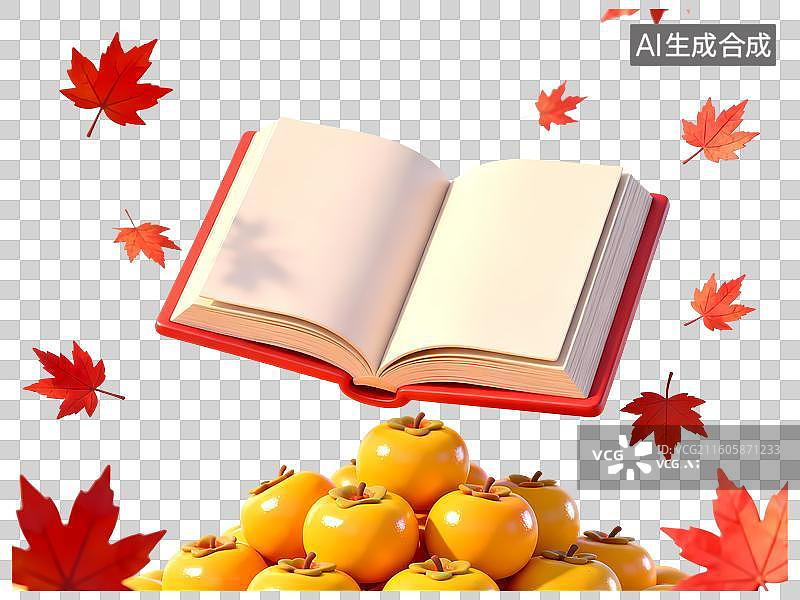 【AI数字艺术】书本柿子枫叶堆叠3D卡通C4D渲染插画元素图片素材