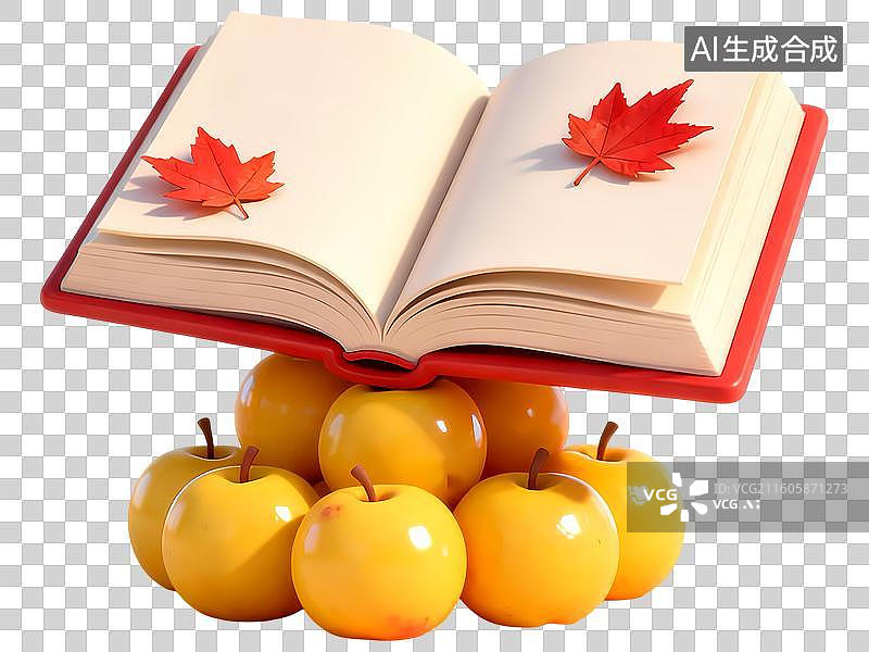 【AI数字艺术】书本柿子枫叶堆叠3D卡通C4D渲染插画元素图片素材