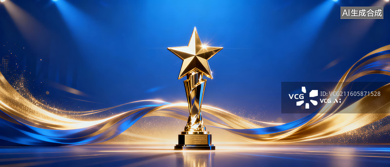 【AI数字艺术】蓝色背景上的金色星级奖杯图片素材