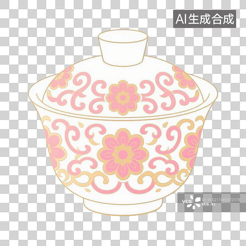 【AI数字艺术】国风手绘插画，盖碗茶，茶盏，茶杯茶具，瓷器，茶道，茶文化，喝茶饮茶免抠元素图片素材