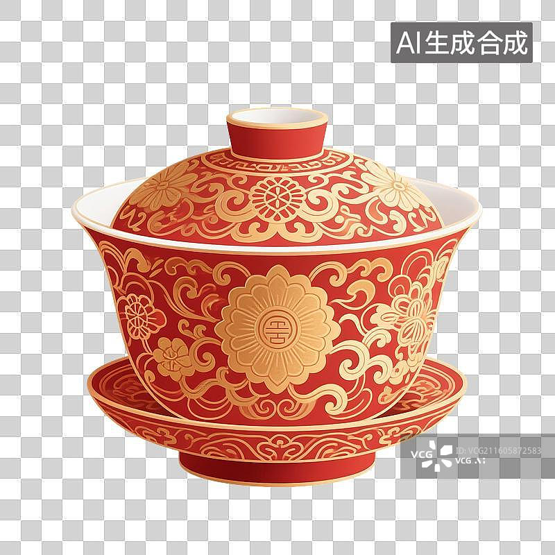 【AI数字艺术】国风手绘插画，盖碗茶，茶盏，茶杯茶具，瓷器，茶道，茶文化，喝茶饮茶免抠元素图片素材