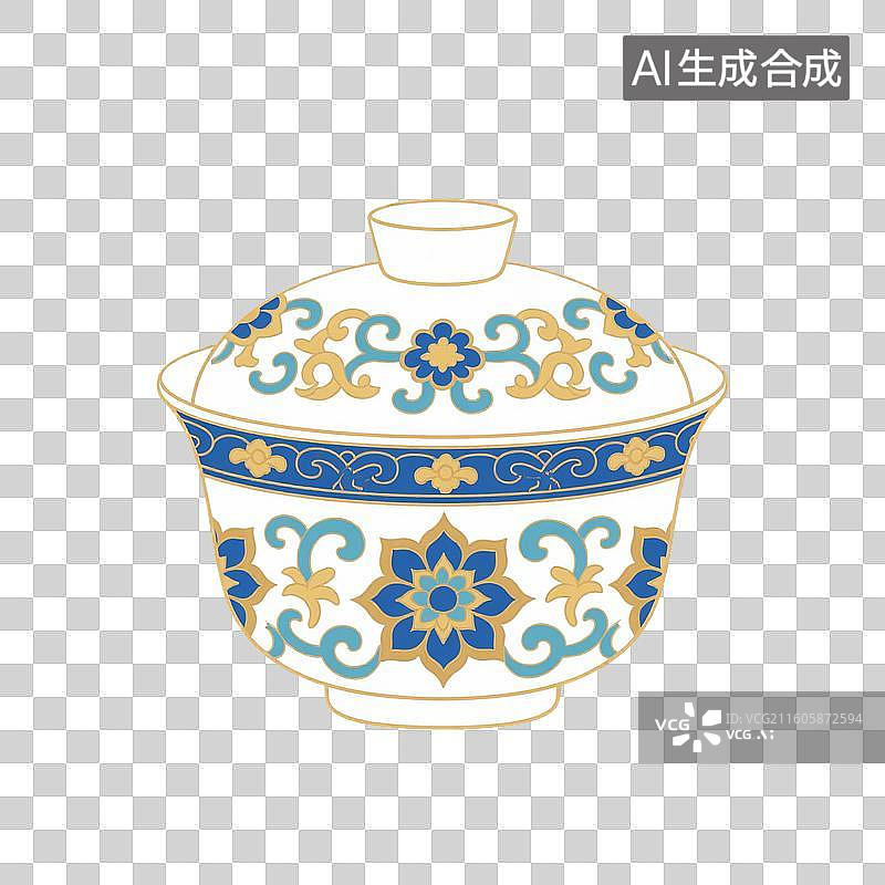 【AI数字艺术】国风手绘插画，盖碗茶，茶盏，茶杯茶具，瓷器，茶道，茶文化，喝茶饮茶免抠元素图片素材