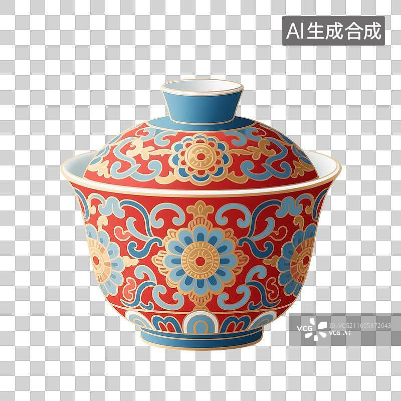 【AI数字艺术】国风手绘插画，盖碗茶，茶盏，茶杯茶具，瓷器，茶道，茶文化，喝茶饮茶免抠元素图片素材