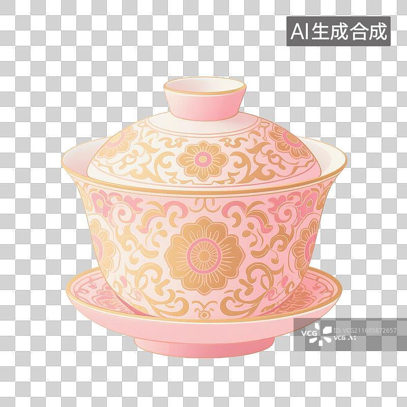 【AI数字艺术】国风手绘插画，盖碗茶，茶盏，茶杯茶具，瓷器，茶道，茶文化，喝茶饮茶免抠元素图片素材