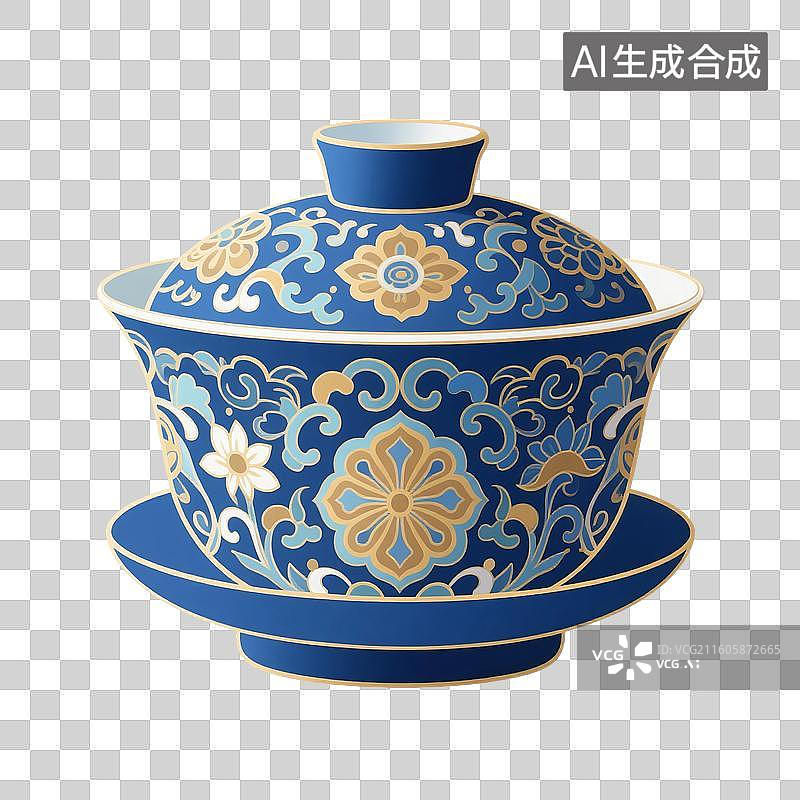 【AI数字艺术】国风手绘插画，盖碗茶，茶盏，茶杯茶具，瓷器，茶道，茶文化，喝茶饮茶免抠元素图片素材