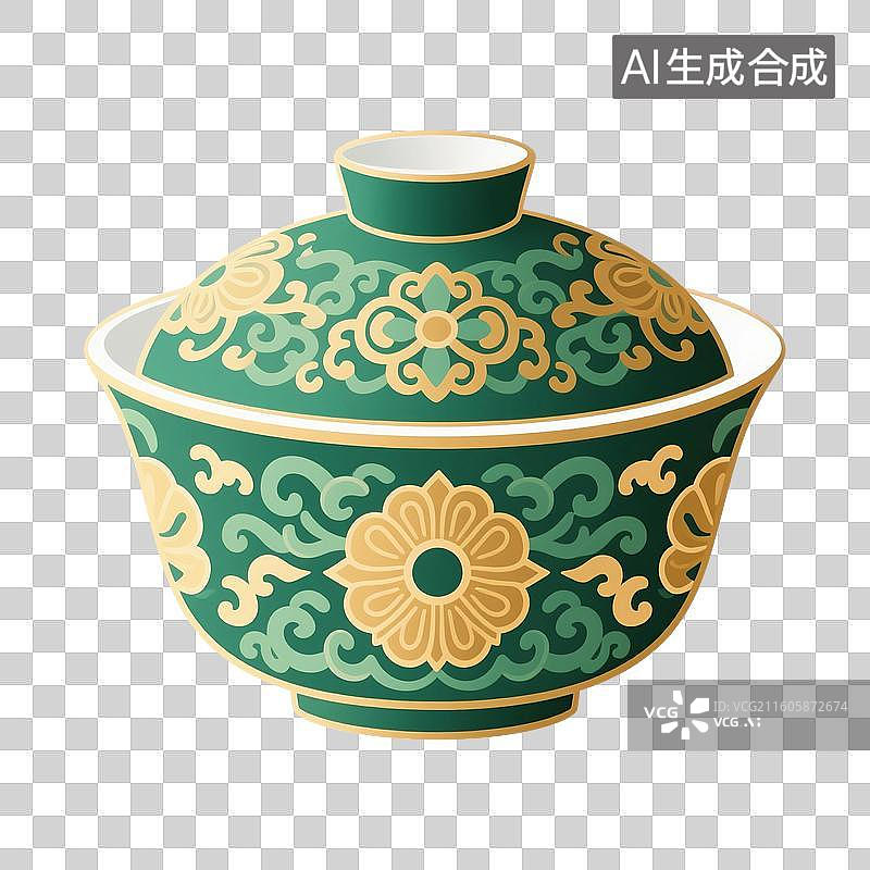 【AI数字艺术】国风手绘插画，盖碗茶，茶盏，茶杯茶具，瓷器，茶道，茶文化，喝茶饮茶免抠元素图片素材