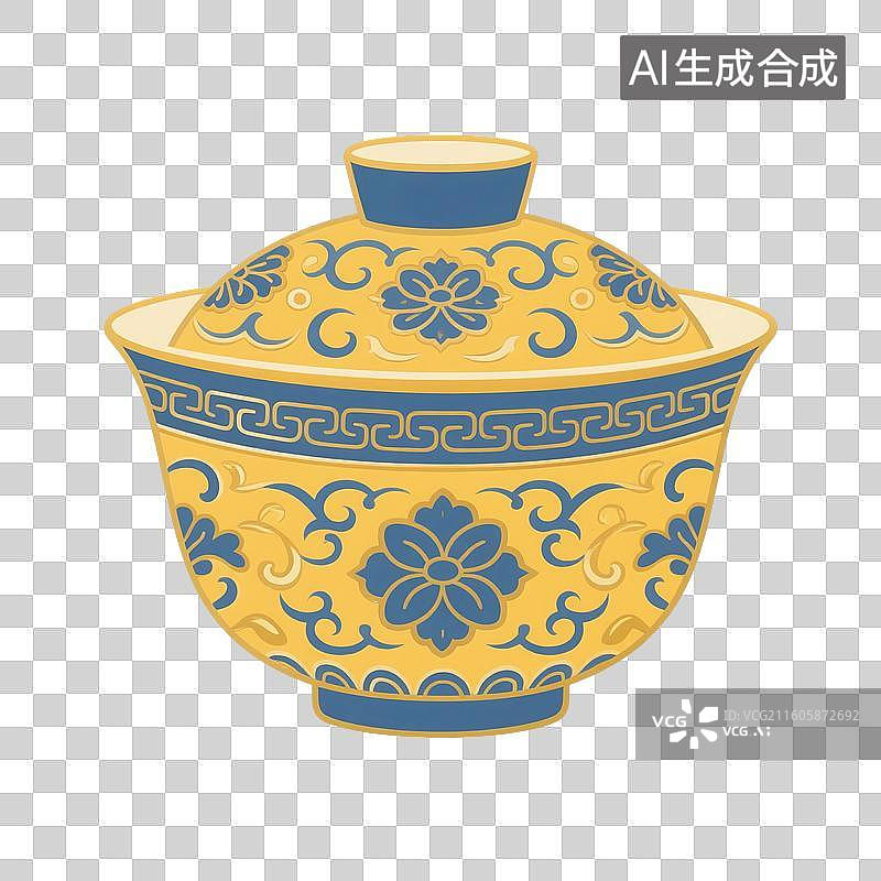 【AI数字艺术】国风手绘插画，盖碗茶，茶盏，茶杯茶具，瓷器，茶道，茶文化，喝茶饮茶免抠元素图片素材