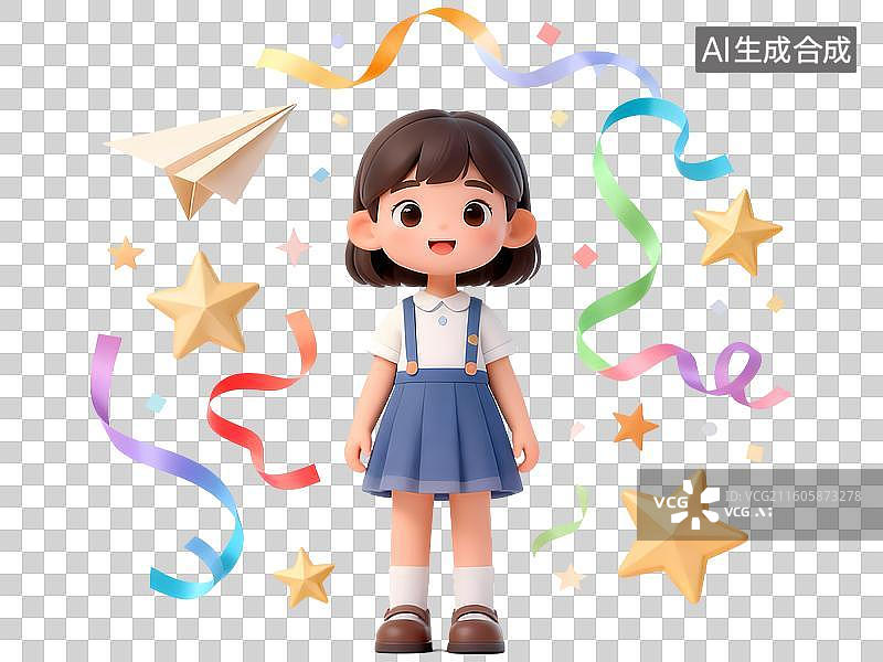 【AI数字艺术】女孩气球星星纸飞机彩带庆祝节日3D卡通C4D渲染插画人物元素图片素材
