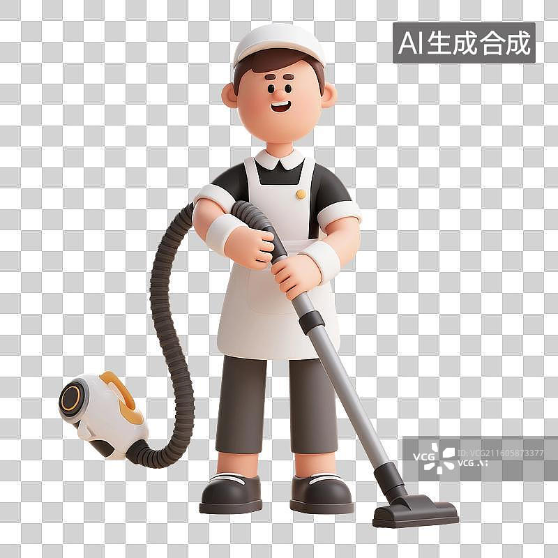 【AI数字艺术】3D渲染卡通人物，清洁工打扫卫生，家政服务，做家务，免抠元素图片素材
