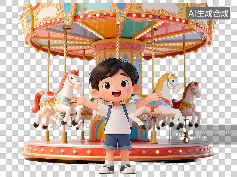 【AI数字艺术】男孩在游乐园旋转木马3D卡通C4D渲染插画人物元素图片素材
