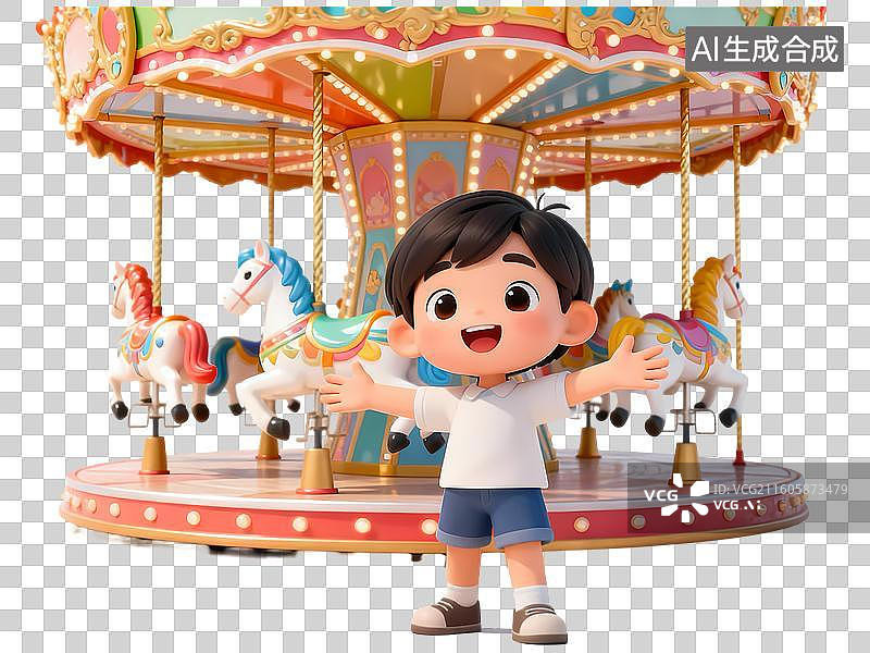 【AI数字艺术】男孩在游乐园旋转木马3D卡通C4D渲染插画人物元素图片素材