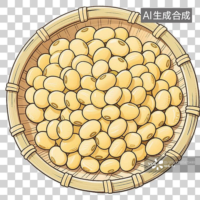 【AI数字艺术】手绘插画，黄豆，大豆，一箩筐黄豆，粗粮，免抠元素图片素材