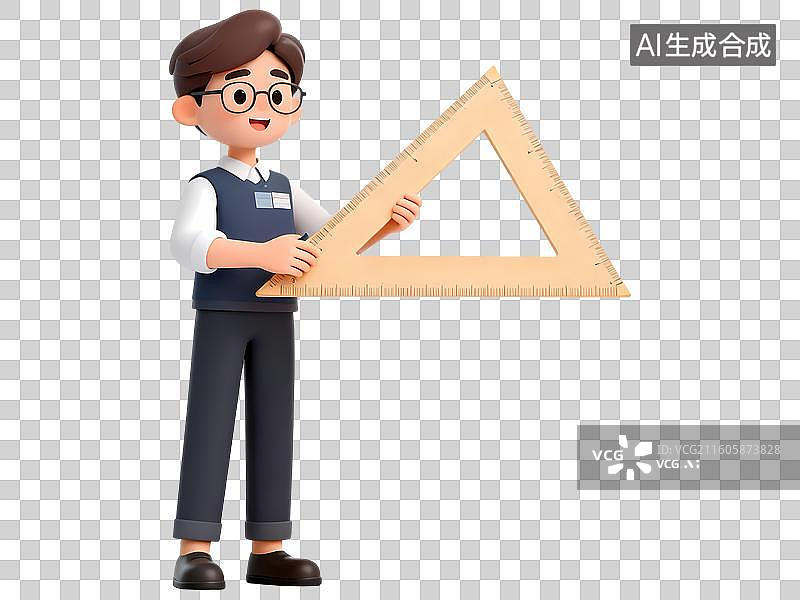 【AI数字艺术】老师拿着三角尺示范讲解3D卡通C4D渲染插画人物元素图片素材