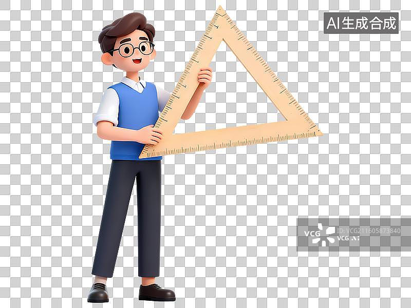 【AI数字艺术】老师拿着三角尺示范讲解3D卡通C4D渲染插画人物元素图片素材