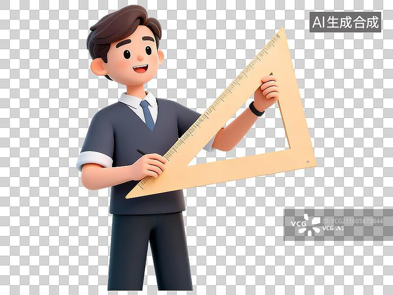 【AI数字艺术】老师拿着三角尺示范讲解3D卡通C4D渲染插画人物元素图片素材