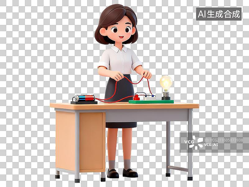 【AI数字艺术】女教师在课堂上示范物理实验3D卡通C4D渲染插画人物元素图片素材