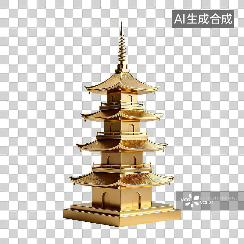 【AI数字艺术】3D渲染，塔，宝塔，金色宝塔，中式古代建筑，亭台楼阁，园林景观，免抠元素图片素材