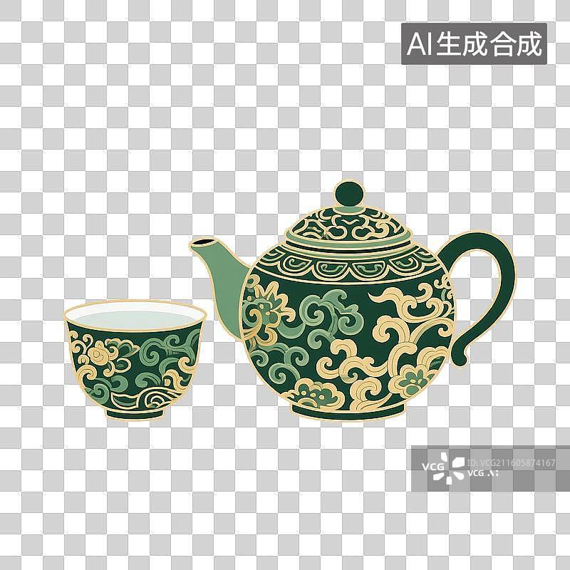 【AI数字艺术】国风手绘插画，茶具，茶壶茶杯，春茶，茶叶，茶文化，茶道免抠元素图片素材