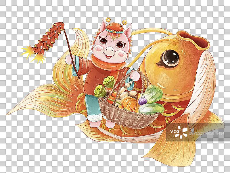 国潮新年马年IP贺岁元素 2026年年有鱼过个丰收年，年画小马提着菜篮子坐在鲤鱼上图片素材