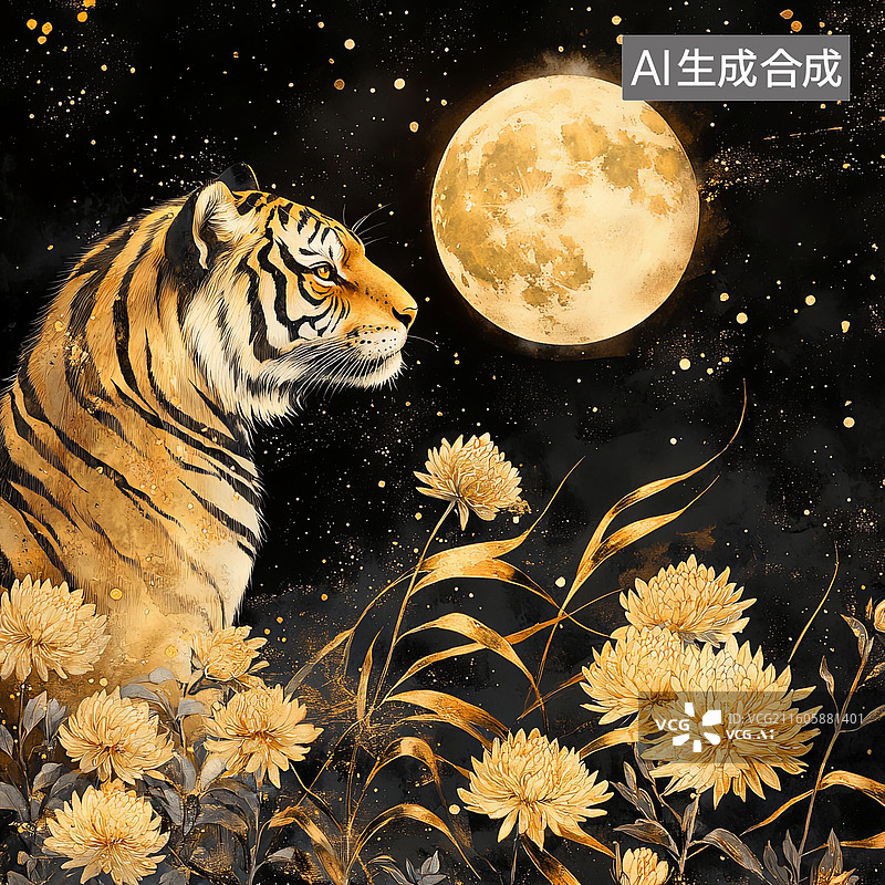 【AI数字艺术】月下虎影与金菊图片素材