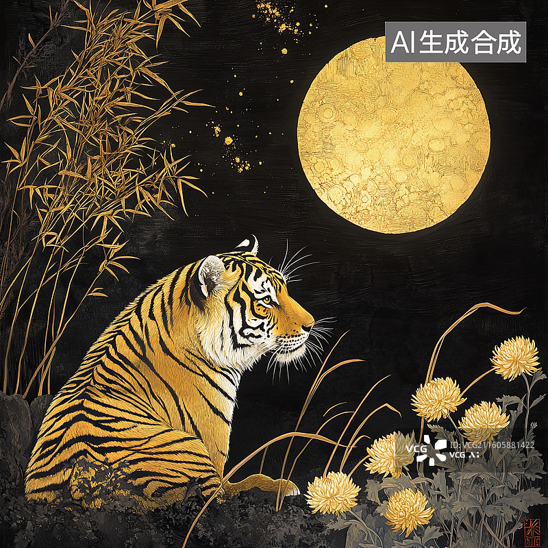 【AI数字艺术】月下虎影竹菊相伴图片素材