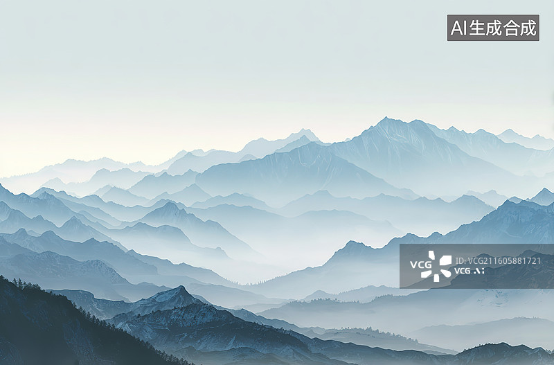【AI数字艺术】层叠山峦雾中景图片素材