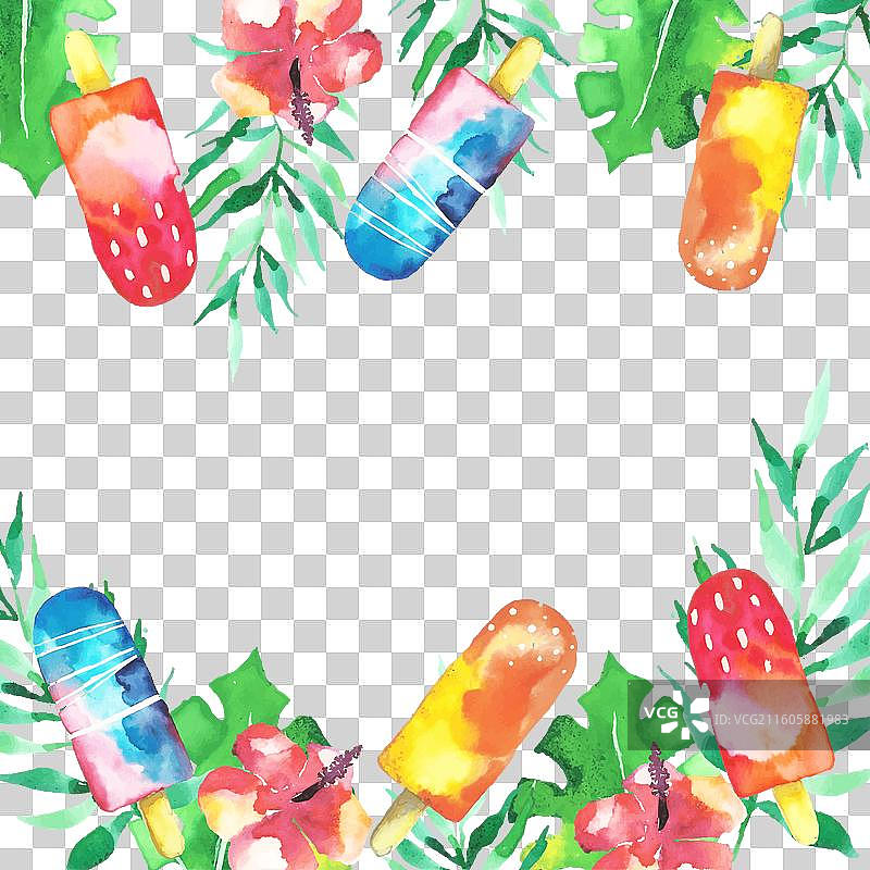 水彩风的你好夏天，配有冰淇淋和鲜花图片素材