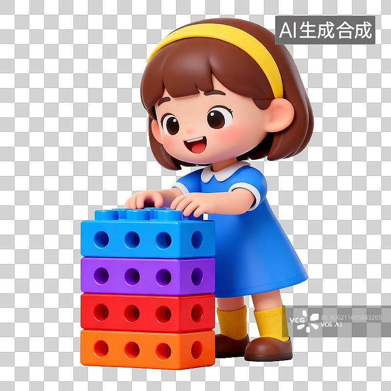 【AI数字艺术】小女孩堆叠彩色积木图片素材