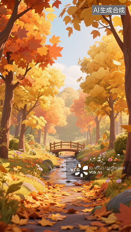 【AI数字艺术】秋天公园里的树木小桥流水3D卡通插画图片素材