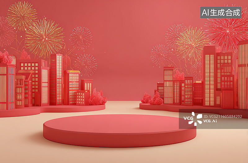 【AI数字艺术】红色城市烟花背景场景图片素材
