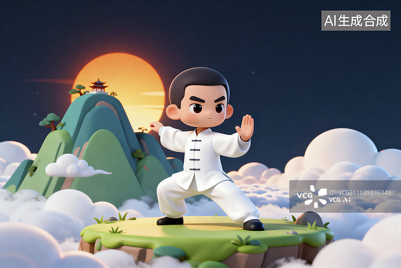 【AI数字艺术】卡通人物练太极的梦幻场景图片素材