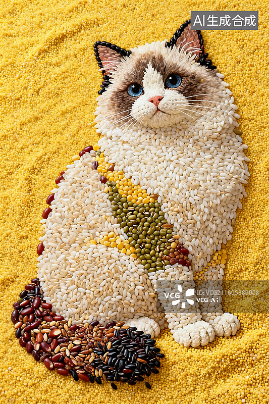 【AI数字艺术】世界粮食画,五谷杂粮摆成一只布偶猫，黄色小米背景。图片素材