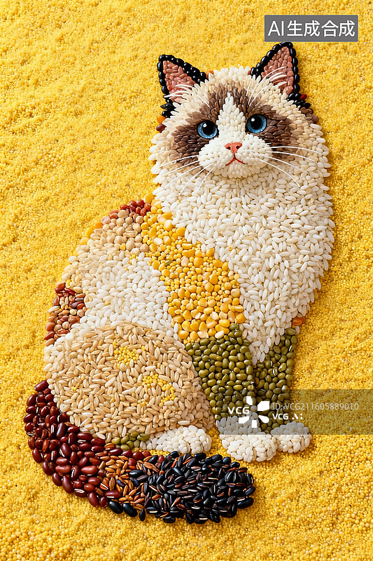 【AI数字艺术】世界粮食画,五谷杂粮摆成一只布偶猫，黄色小米背景。图片素材