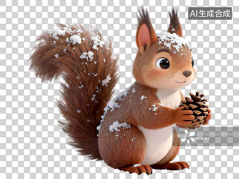 【AI数字艺术】积雪的松鼠抱着松果3D卡通C4D渲染插画元素图片素材