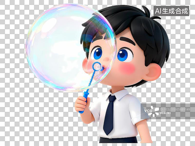 【AI数字艺术】脸蛋粉嫩的小孩吹泡泡3D卡通C4D渲染插画元素图片素材