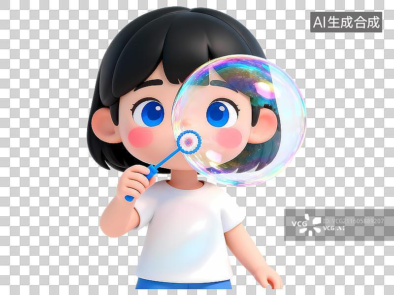 【AI数字艺术】脸蛋粉嫩的小孩吹泡泡3D卡通C4D渲染插画元素图片素材
