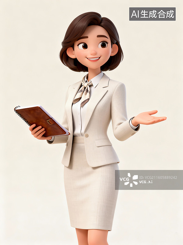 【AI数字艺术】3D卡通人物，身穿浅西装套裙、衬衫，颈间系丝巾，干练优雅的女孩，温柔亲和的笑容，一只手托着皮质笔记本图片素材