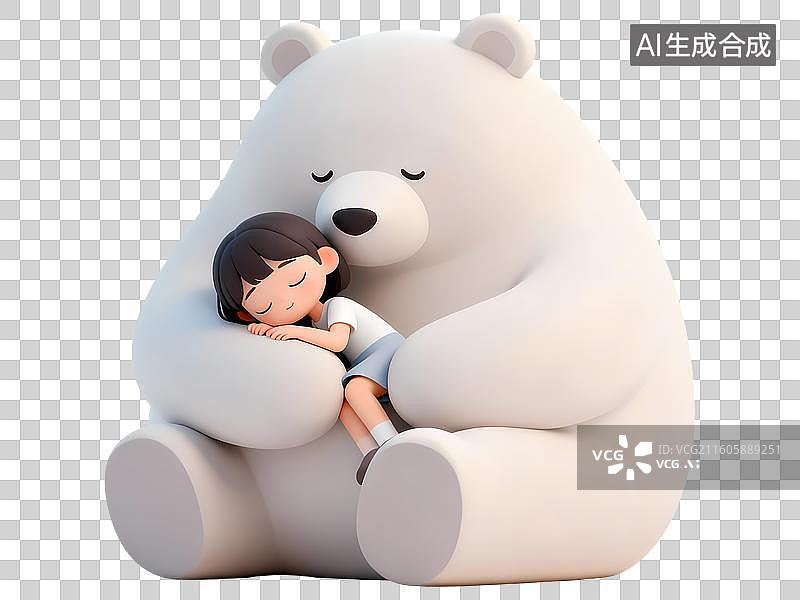 【AI数字艺术】巨大的泰迪熊抱着小女孩睡觉3D卡通C4D渲染插画元素图片素材