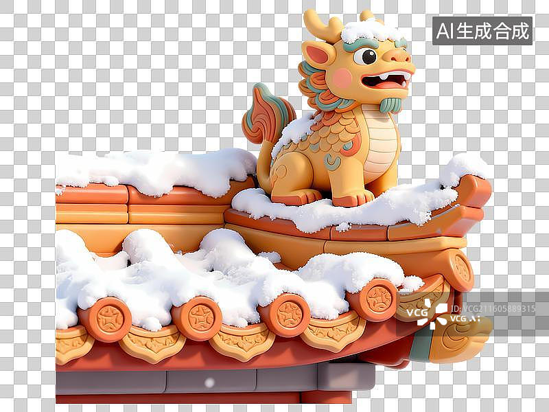 【AI数字艺术】中式屋脊瑞兽落雪冬季3D卡通C4D渲染插画元素图片素材