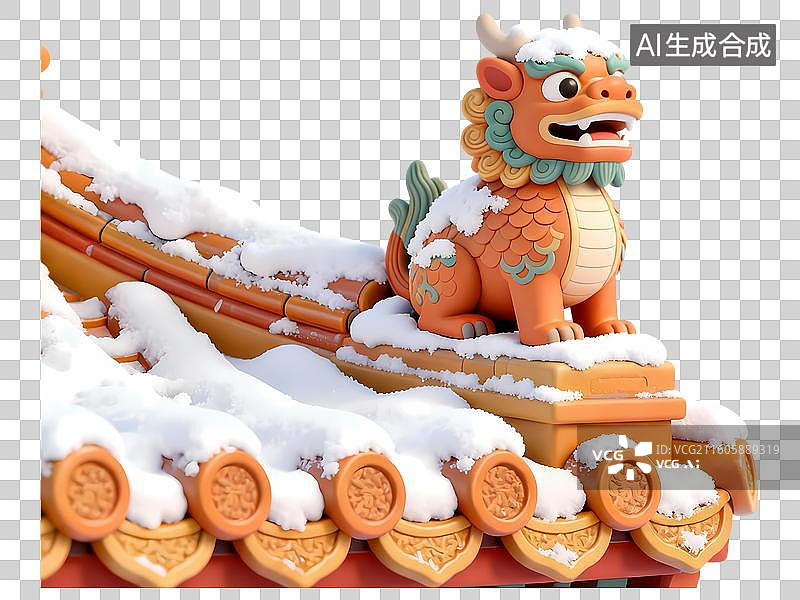【AI数字艺术】中式屋脊瑞兽落雪冬季3D卡通C4D渲染插画元素图片素材