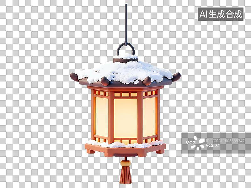 【AI数字艺术】中式六角宫灯积雪冬天3D卡通C4D渲染插画元素图片素材