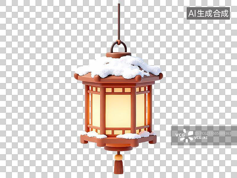 【AI数字艺术】中式六角宫灯积雪冬天3D卡通C4D渲染插画元素图片素材